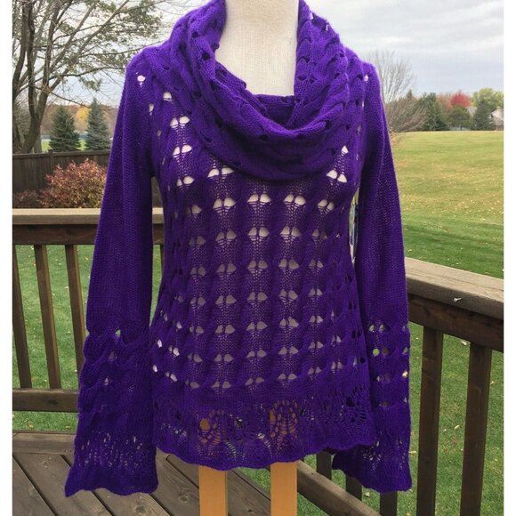 Nine West Sweaters - Nine West Womens Sweater sz XS Plum Purple Cowl Neck Open Thin Knit Long Sleeve
